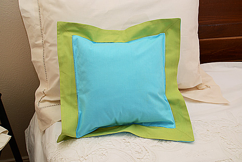 Hemstitch Multicolor Baby Pillow 12x12". Aqua with Macaw Green